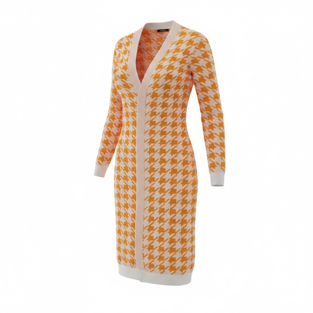 Cardigan Womens Small Orange Houndstooth Longline Open Front